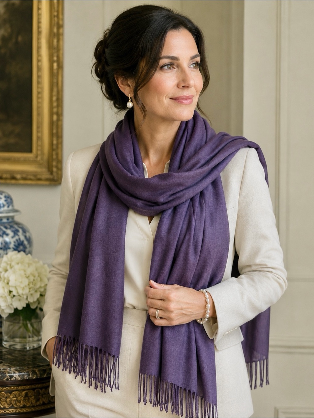ALTA LINEA Plain Super Soft Touch Tassel Fringe Scarf Pashmina Dark Smoky Purple